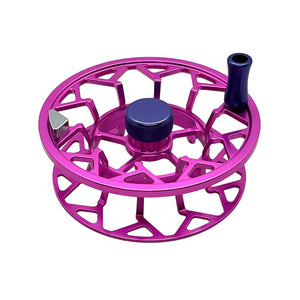 PINK AND PURPLE fly-reel spool with a PURPLE center cap and handle, shown isolated on a white background.