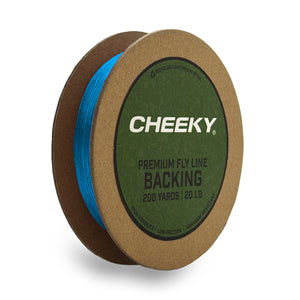 A spool of Cheeky Premium Fly Line Backing, featuring bright blue thread wound around a brown cardboard spool with a green circular label.