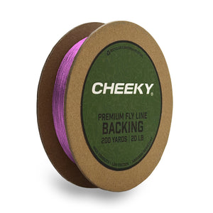 A spool of Cheeky Premium Fly Line Backing, featuring bright pink thread wound on a brown cardboard spool with a green circular label, set against a plain white background.