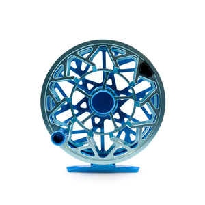 Blue fly-fishing reel with an open-frame design displayed against a white background.