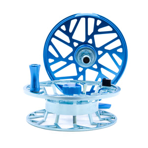Disassembled blue fly-fishing reel showing spool and frame components against a white background.