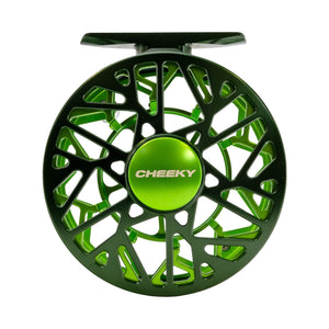 green fishing reek with cheeky printed on the drag knob