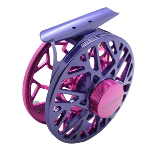Purple and pink Cheeky Burst 325 fly fishing reel at an angle