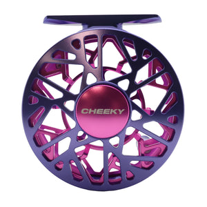 Purple and pink Cheeky Burst 325 fly fishing reel frame side image