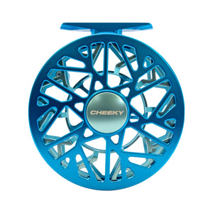 Front view of a blue Cheeky fly fishing reel with a large arbor and geometric ported design.