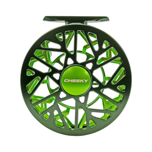 Front view of a green Cheeky fly fishing reel with a large arbor and geometric ported design.