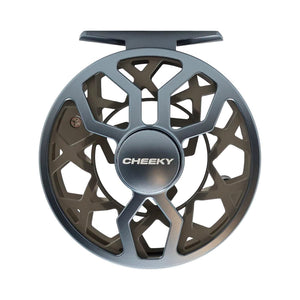 GRay/blue Drip 375 fly fishing reel with ventilated spool and mounting foot, shown on a white background.