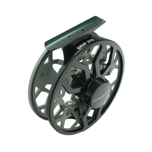 Green/Sage Drip fly fishing reel with ventilated spool and mounting foot, shown on a white background angle side.