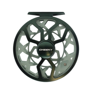 Green/sage Drip 375 fly fishing reel with ventilated spool and mounting foot, shown on a white background fram side.