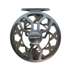 GRay/blue Drip 425 fly fishing reel with ventilated spool and mounting foot, shown on a white background frame side