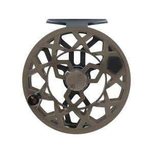 GRay/blue Drip 375 fly fishing reel spool side with ventilated spool and mounting foot, shown on a white background.