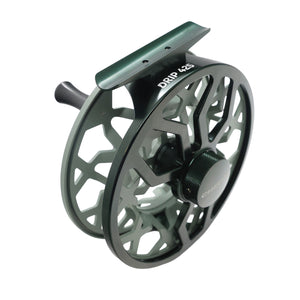 gray Blue Drip 425 fly fishing reel with ventilated spool and mounting foot, shown on a white background at an angle
