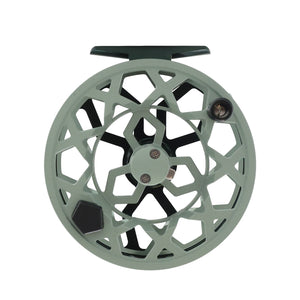 Green Drip fly fishing reel Sage SPOOL SIDE ventilated spool and mounting foot, shown on a white background