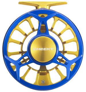 Front view of a Cheeky fly reel in electric blue and gold, showing the spool face and three-spoke frame design.