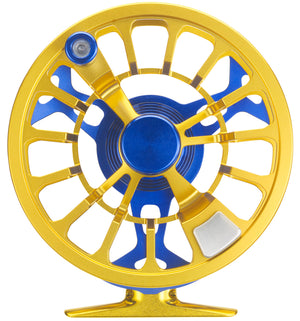 Spool-side view of the Cheeky Spray 350 reel in electric blue and gold, emphasizing the ported spool and ergonomic handle.