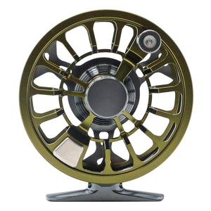 Moss and granite Cheeky Spray 400 fly fishing reel with ventilated spool and mounting foot, shown on a white background Spool side