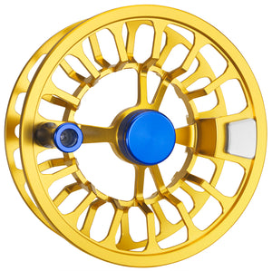 Angled product photo of the Cheeky Spray 350 fly reel in electric blue and gold, highlighting its large arbor design and anodized aluminum construction.