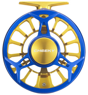 Side profile of the Cheeky Spray 400 electric blue and gold fly reel, highlighting the spool width and structural frame design.