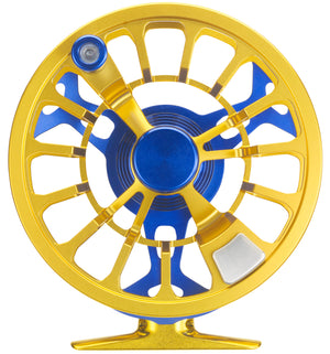 Side view of the Cheeky Spray 400 fly reel spool in electric blue and gold, showing ported design and anodized finish.
