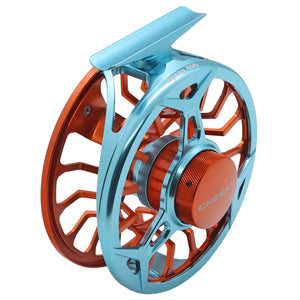 orange and blue Cheeky Spray 400 fly fishing reel with ventilated spool and handle, shown on a white background angle side