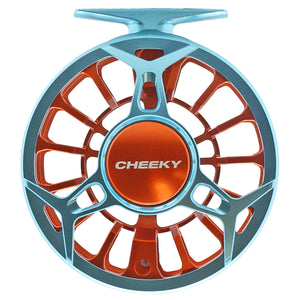 orange and blue Cheeky Spray 400 fly fishing reel with ventilated spool and handle, shown on a white background frame side