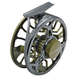 Granite and Moss Cheeky Spray 400 fly fishing reel with ventilated spool and mounting foot, shown on a white background.
