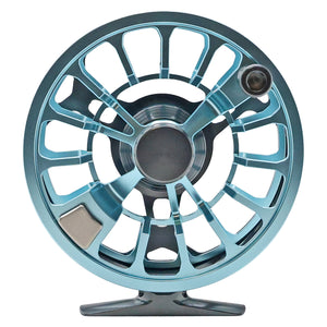Gray and blue Cheeky Spray 350 fly fishing reel with ventilated spool and handle, shown on a white background spool side image