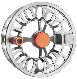 Cheeky Spray 400 Burn-Steel fly reel spool shown from the spool side, featuring a steel-silver frame and rich orange anodized accents