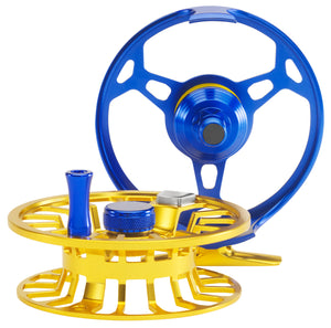 Cheeky Spray 450 Electric Blue–Gold fly reel displayed separated into spool and frame, revealing blue frame arms, gold spool machining, and internal components.