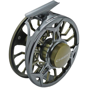 Moss and granite Cheeky Spray 450 fly fishing reel with ventilated spool and mounting foot, shown on a white background.