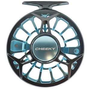 Gray and blue Cheeky Spray 450 fly fishing reel with ventilated spool and handle, shown on a white background frame side image