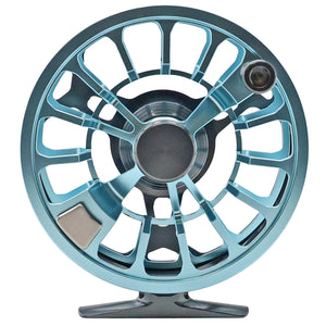 Gray and blue Cheeky Spray 450 fly fishing reel with ventilated spool and handle, shown on a white background spool side image