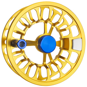 Angled product photo of the Cheeky Spray 450 fly reel in electric blue and gold, showcasing its lightweight, fully machined frame.