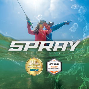 Underwater and above-water split-view showing two anglers casting, highlighting the Cheeky Spray Fly Reel Series with award badges displayed beneath the logo.