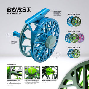 Product display of Cheeky Burst fly reels showing the blue Burst 350 in detail, with smaller images of Burst 400, 350, and 325 models and feature callouts.