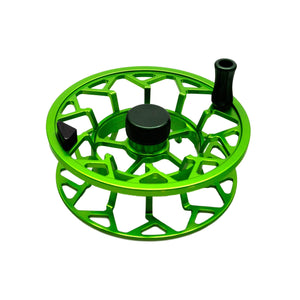 Bright green fly reel spool with an open, geometric frame, black handle, and center drag knob.