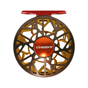 Red, brown and yellow limited trutta burst 350 fly reel fram side with "cheeky" on the drag knob