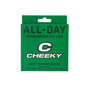 the front of a green box for fly line that says "all day freshwater fly line" with  the cheeky fishing logo