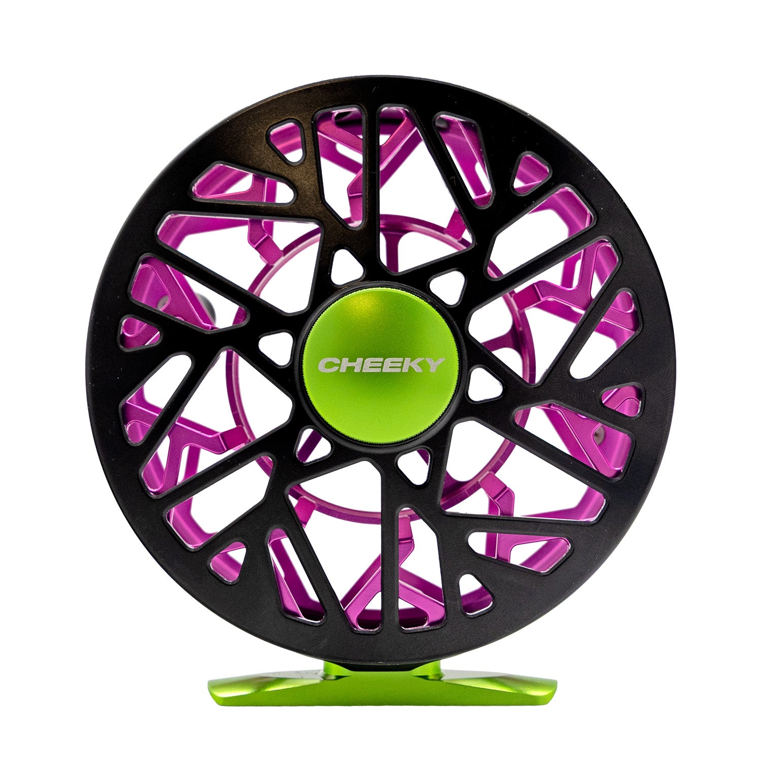 Photo of a black, green, and pink fly fishing reel called the Cheeky Bodacious Burst Fly Reel
