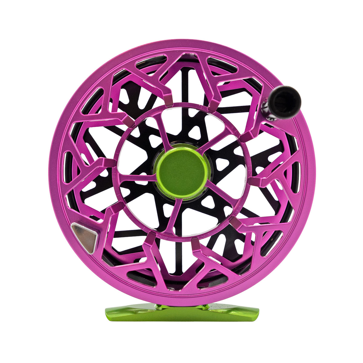 Photo of a black, green, and pink fly fishing reel called the Cheeky Bodacious Burst Fly Reel