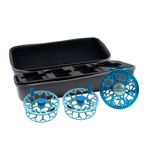 Gray reel case with two blue spools and one blue reel in front of it