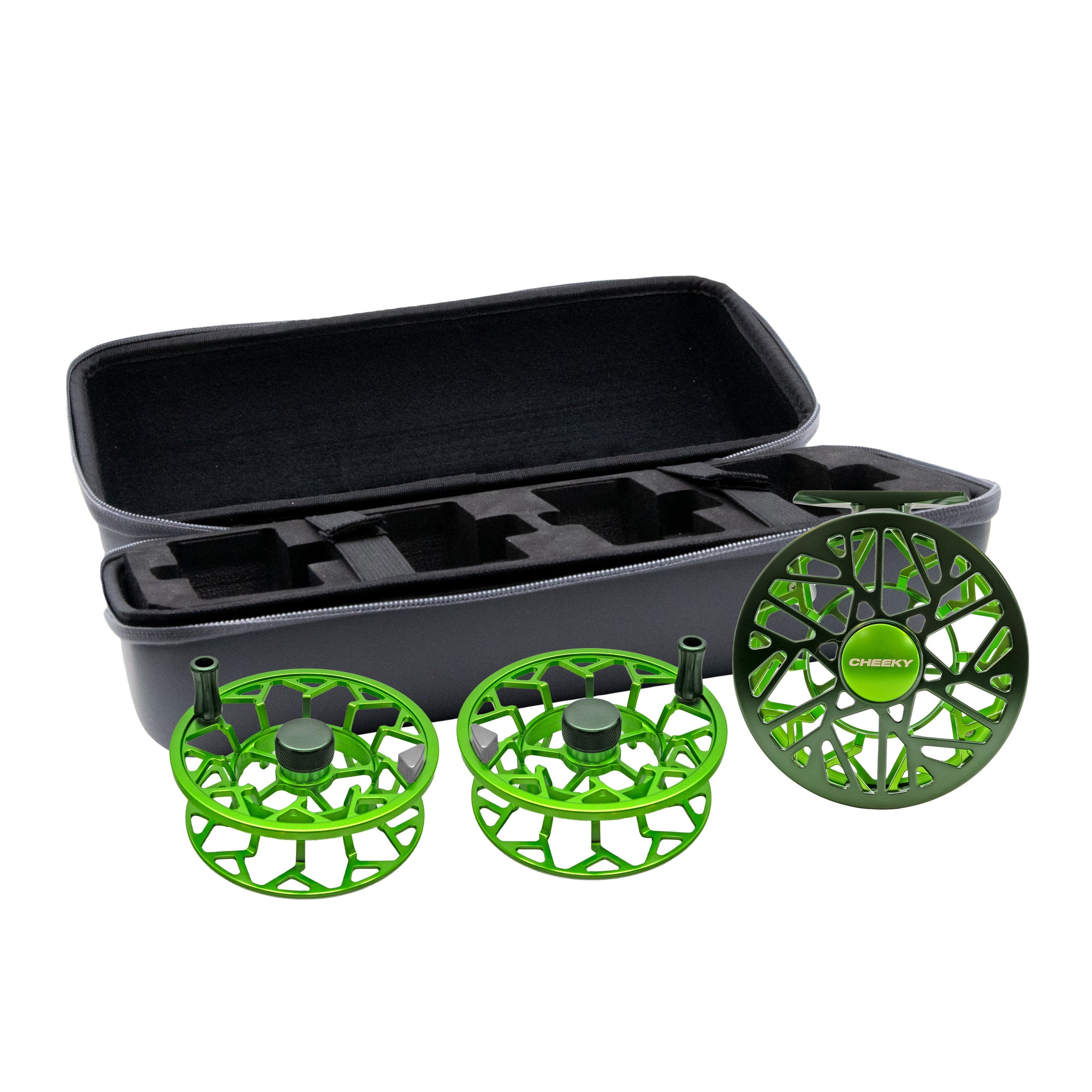 Gray reel case with two green spools and one green reel in front of it