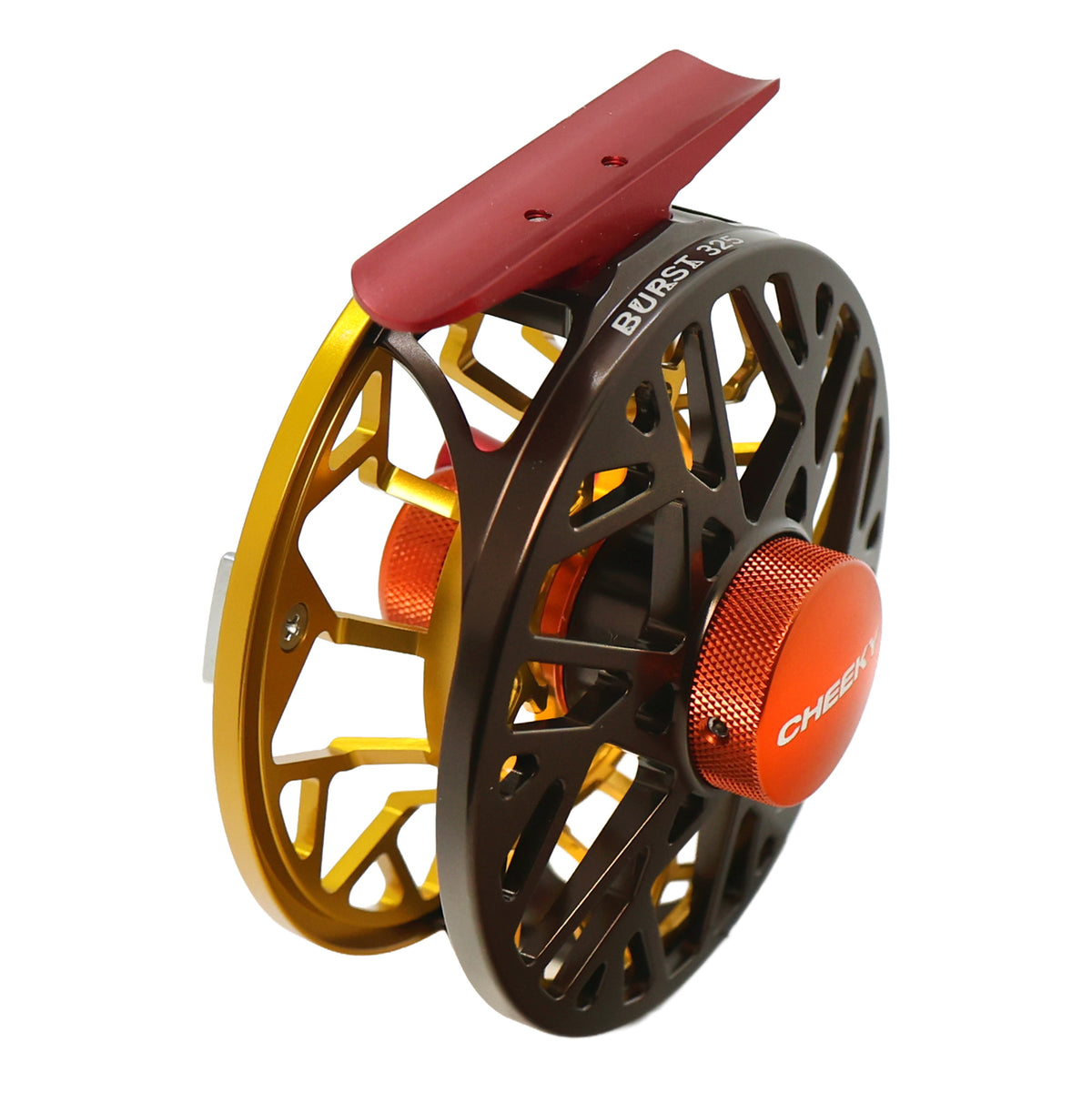 Red, brown and yellow limited trutta burst 350 fly reel angled image