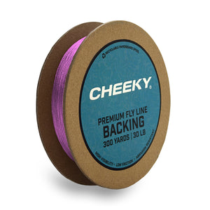 A spool of Cheeky Premium Fly Line Backing, featuring bright pink thread wound around a brown cardboard core with a blue circular label.