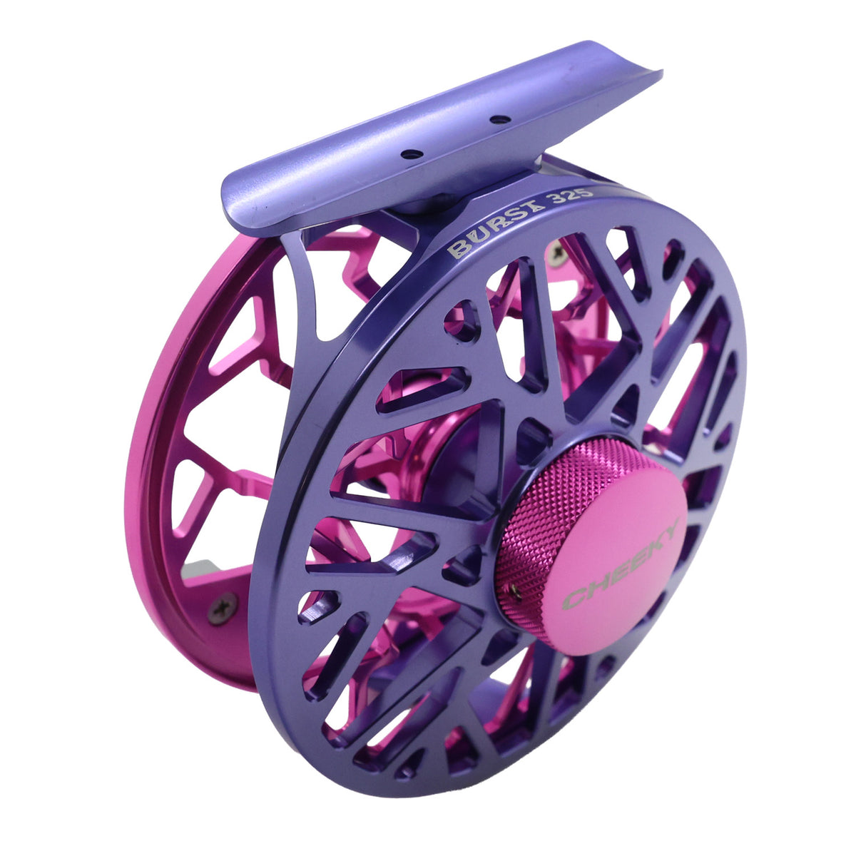 Purple and pink Cheeky Burst 325 fly fishing reel at an angle