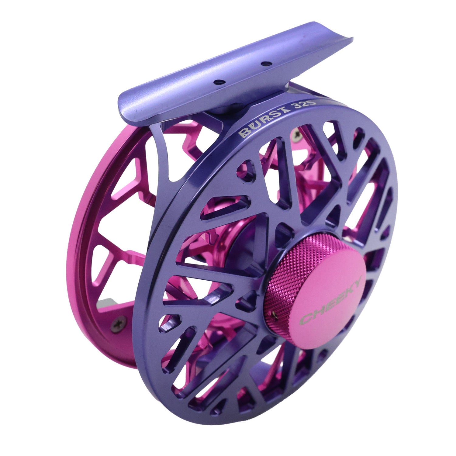 Purple and pink Cheeky Burst 325 fly fishing reel at an angle