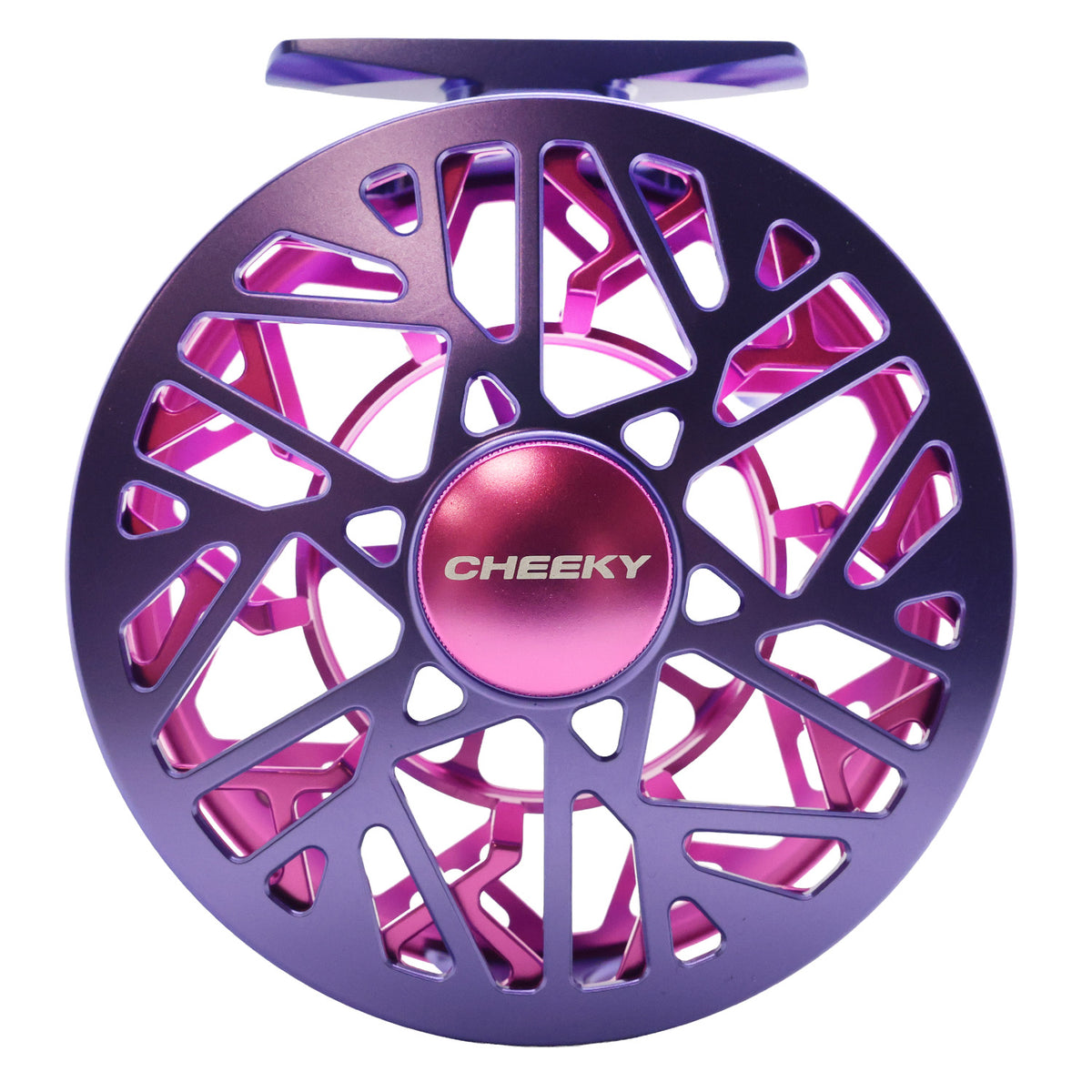 Purple and pink Cheeky Burst 325 fly fishing reel FRAME SIZE 