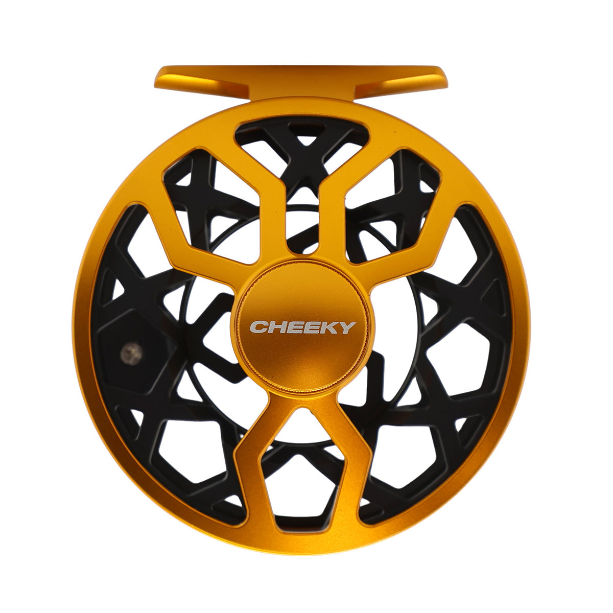 Yellow and black drip fly reel on white background frame side