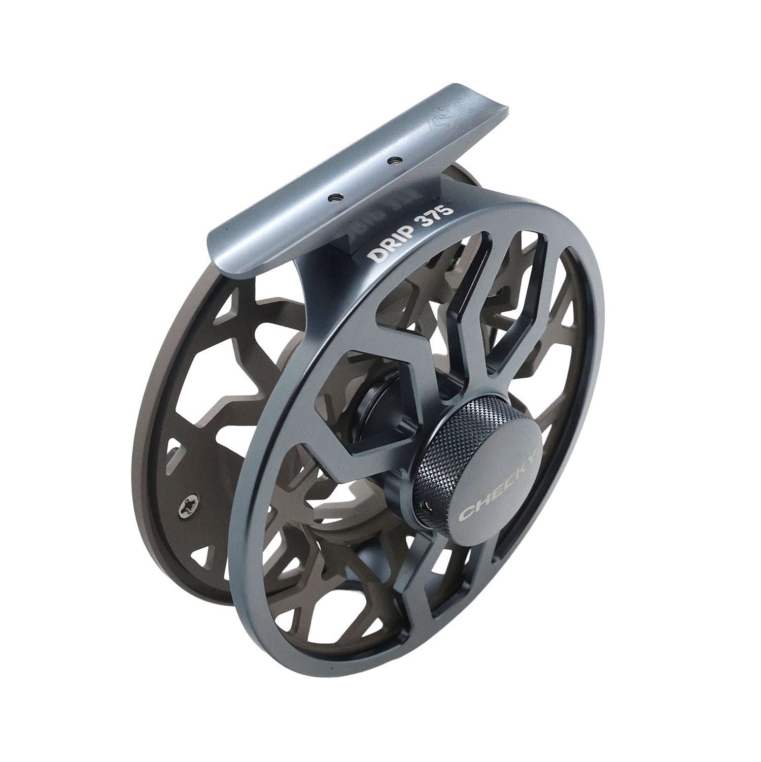 Green/Sage Drip 375 fly fishing reel angled with ventilated spool and mounting foot, shown on a white background.