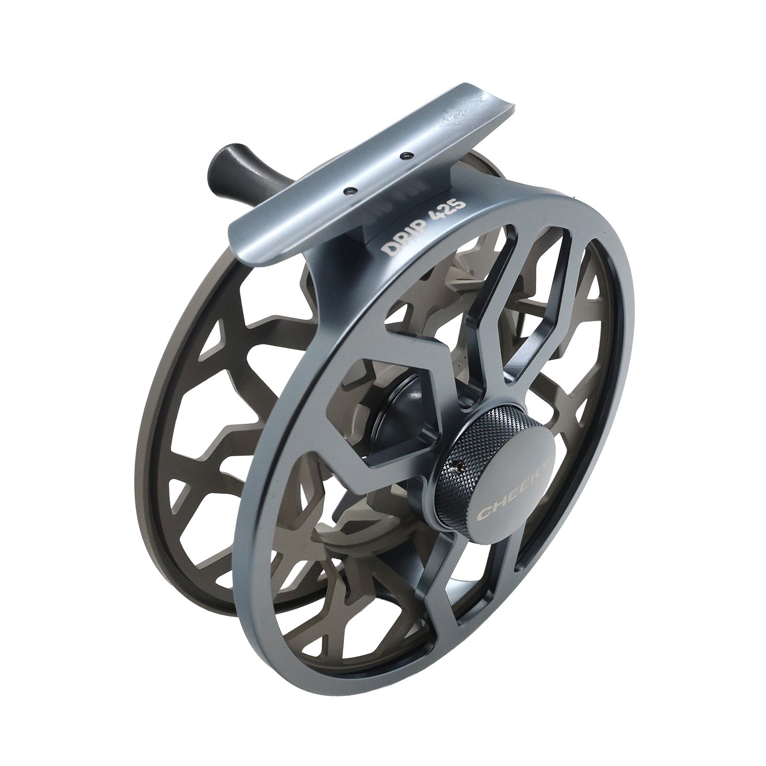 GRay/blue Drip 425fly fishing reel angled with ventilated spool and mounting foot, shown on a white background.